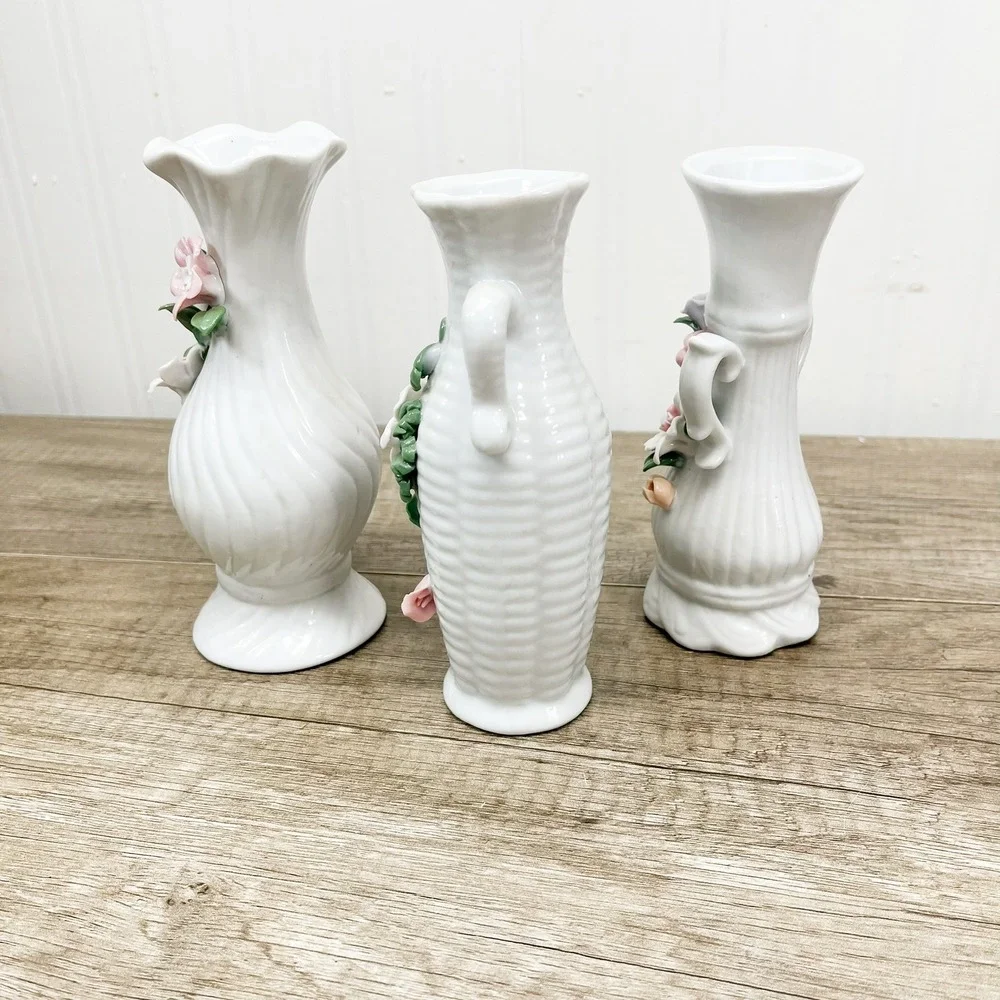 Vintage White Porcelain Miniature Bud Vases Set of 3 Applied 3D Floral Accents